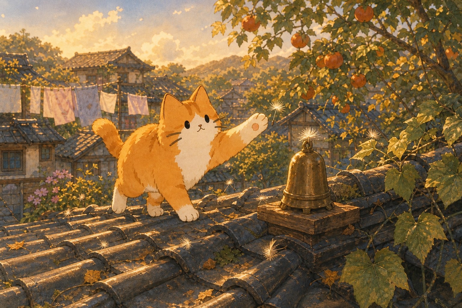 Cheese Cat playing with a dandelion seed on a sunny tiled roof