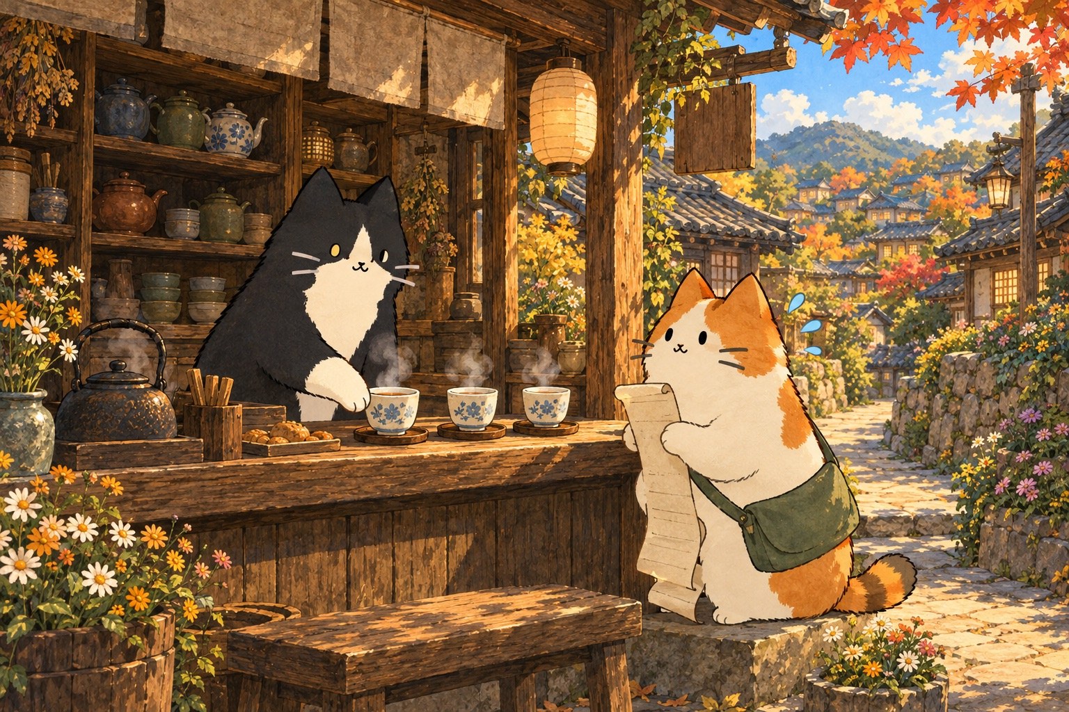 村の喫茶店で、慌てるお客さんに湯気の立つカップを3つ並べるタキシード猫