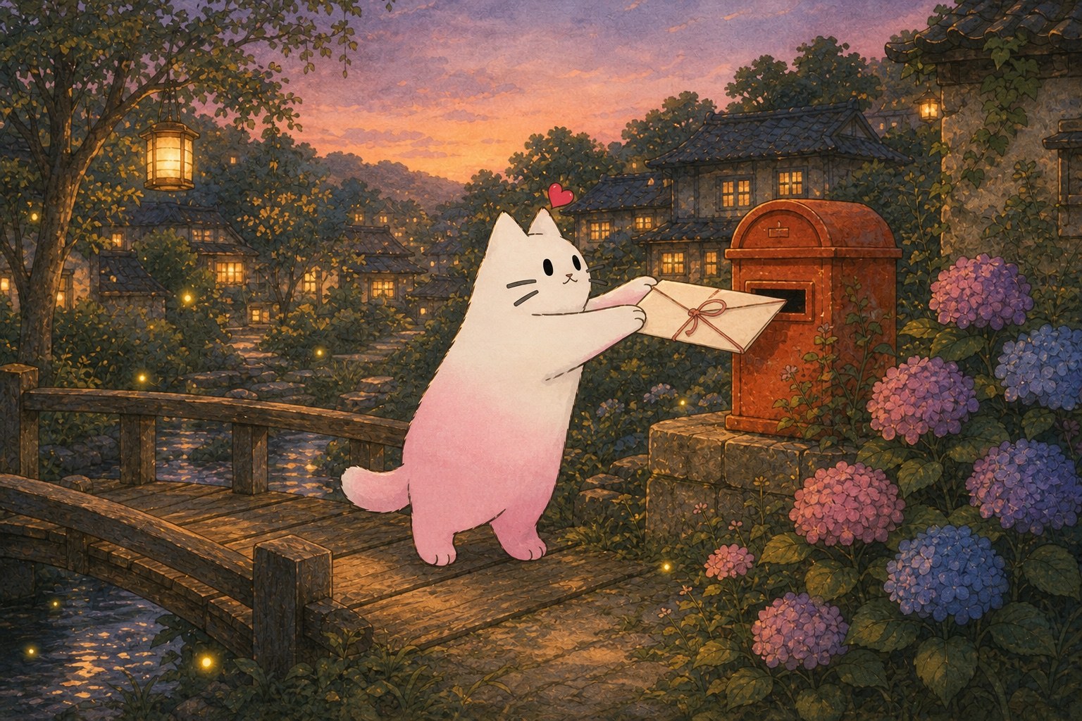 Love Cat posting a letter by a hydrangea-covered bridge