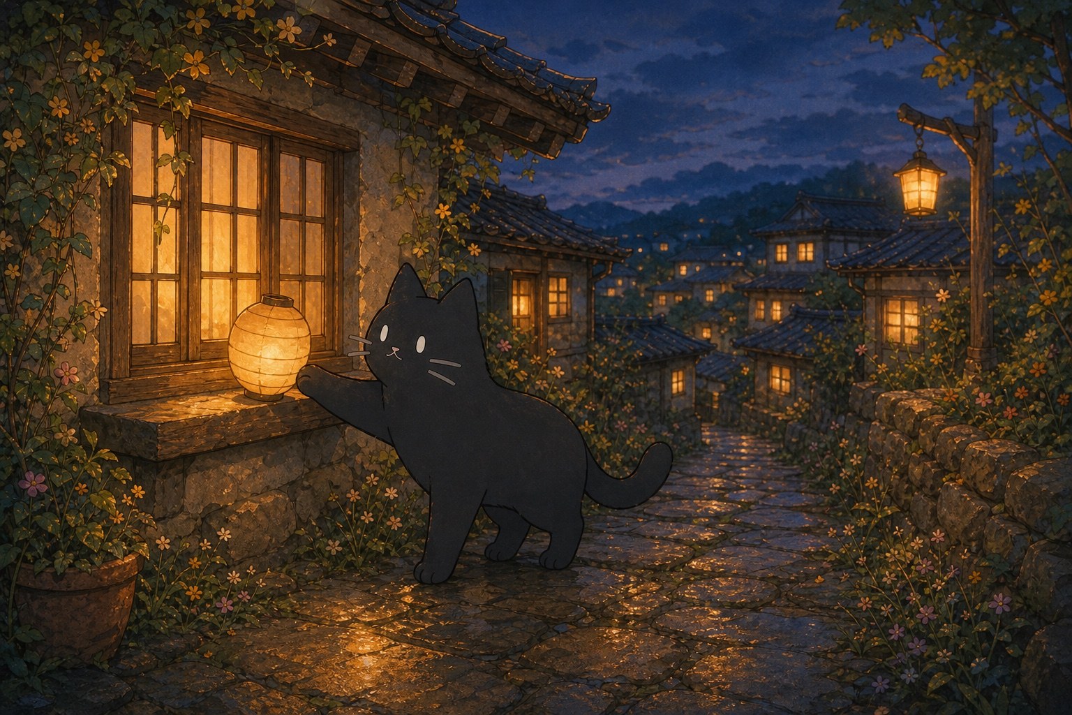 Black Cat checking a window lamp on a lantern-lit night street in Kotoro Village