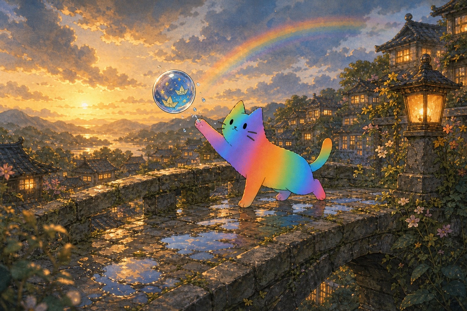 Rainbow Cat touching a raindrop filled with stars and a paper boat after the rain