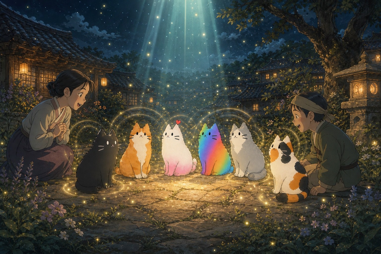 Six Kotoro Village cats gaining the ability to understand people beneath starlight