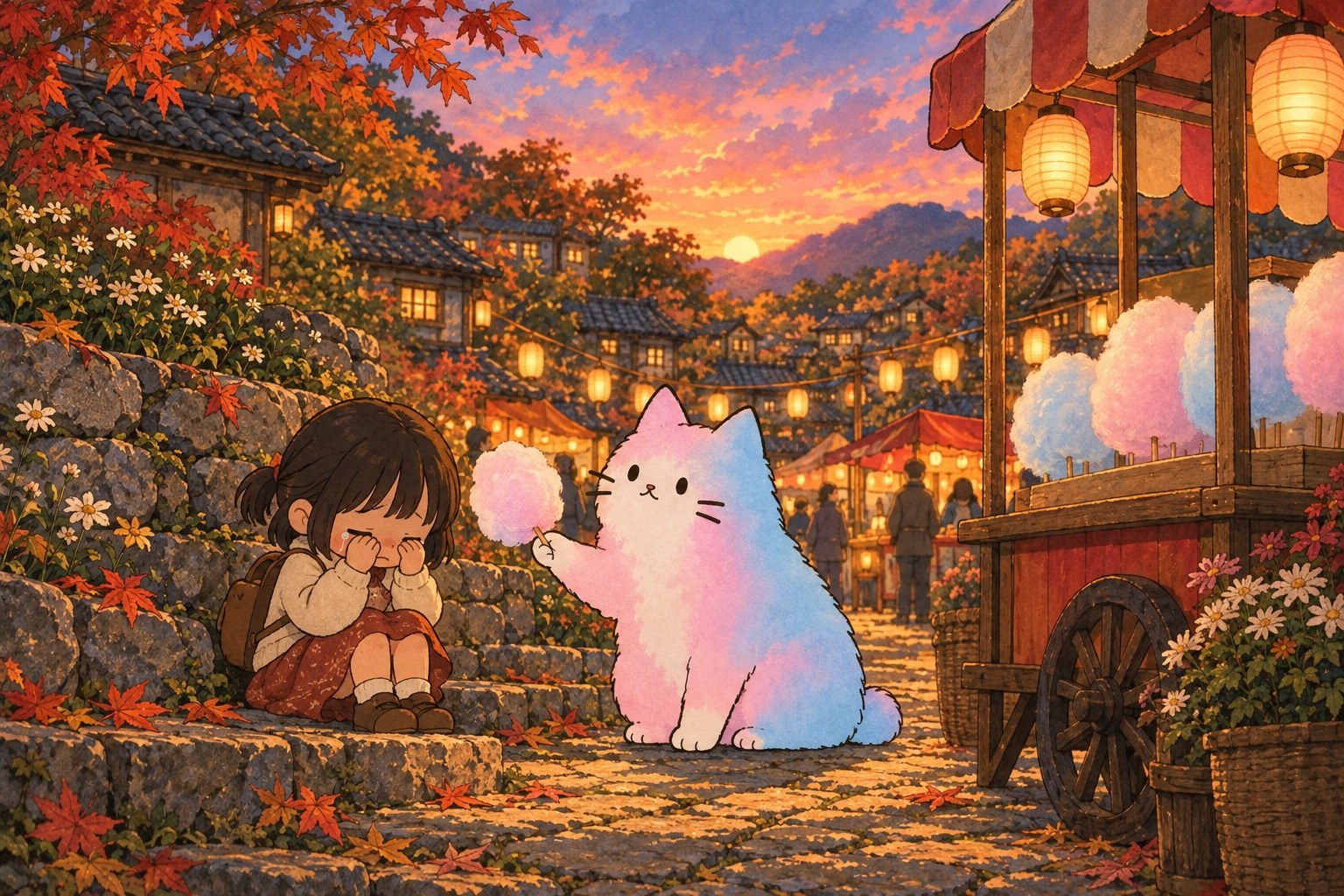 お祭りで泣いている子に、わたあめをひとちぎり差し出すわたあめ猫