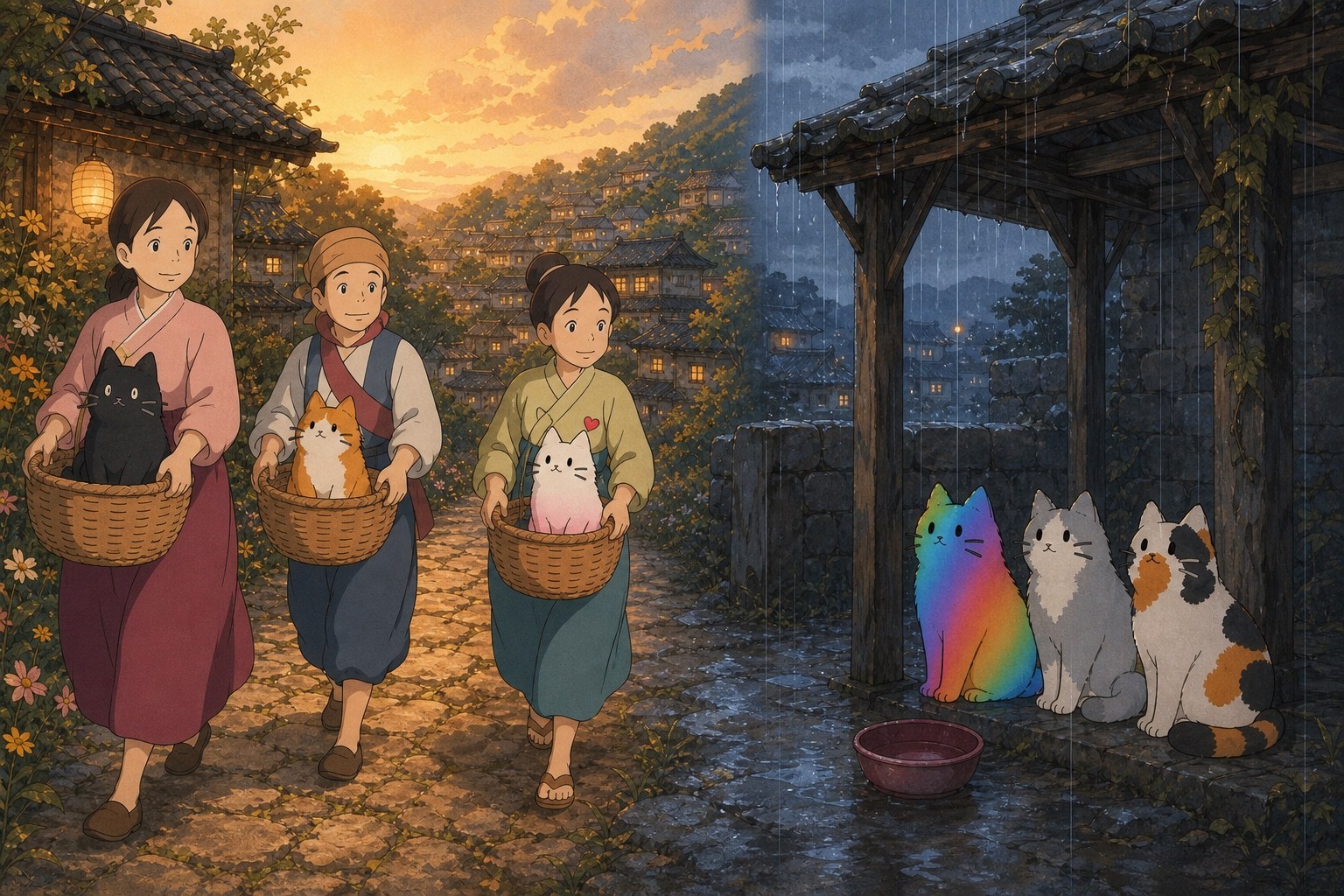 Three cats leaving Kotoro Village while three others wait beneath a rainy shelter