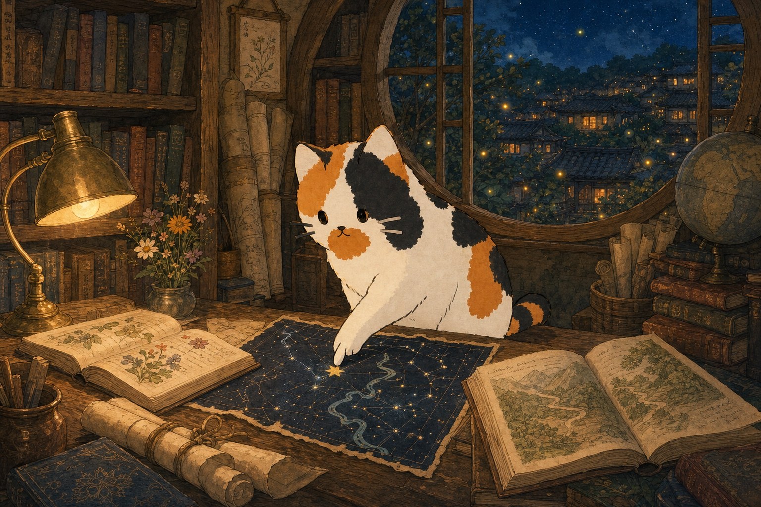 Smart Cat studying a star map in a tiny Kotoro Village library