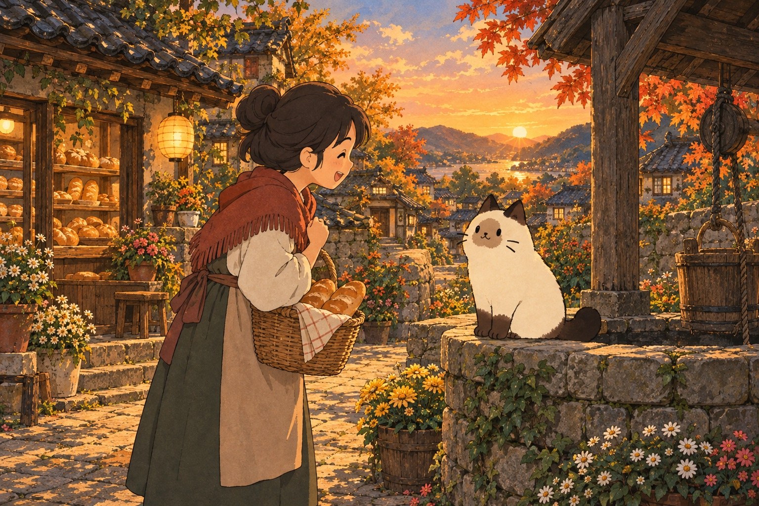 夕暮れの井戸のそばに座り、村の人の話を聞くシャム猫