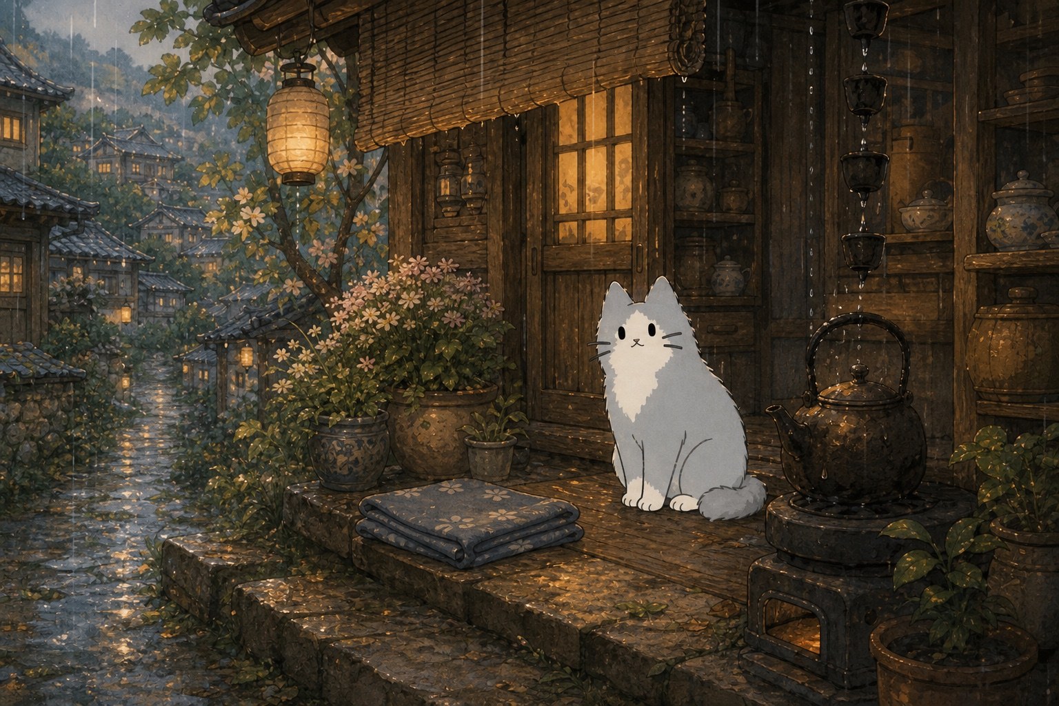 Kind Cat waiting beside an empty cushion under a teahouse awning in the rain