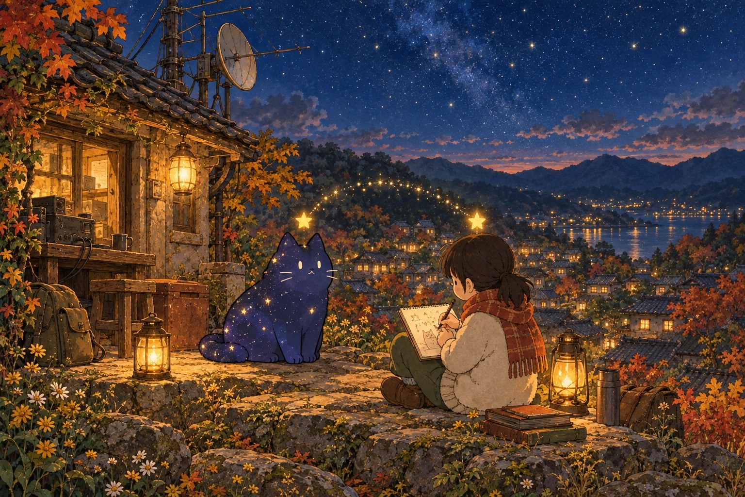 丘の上の放送局のそばで、絵を描く子の頭上に星を浮かべる星明かり猫