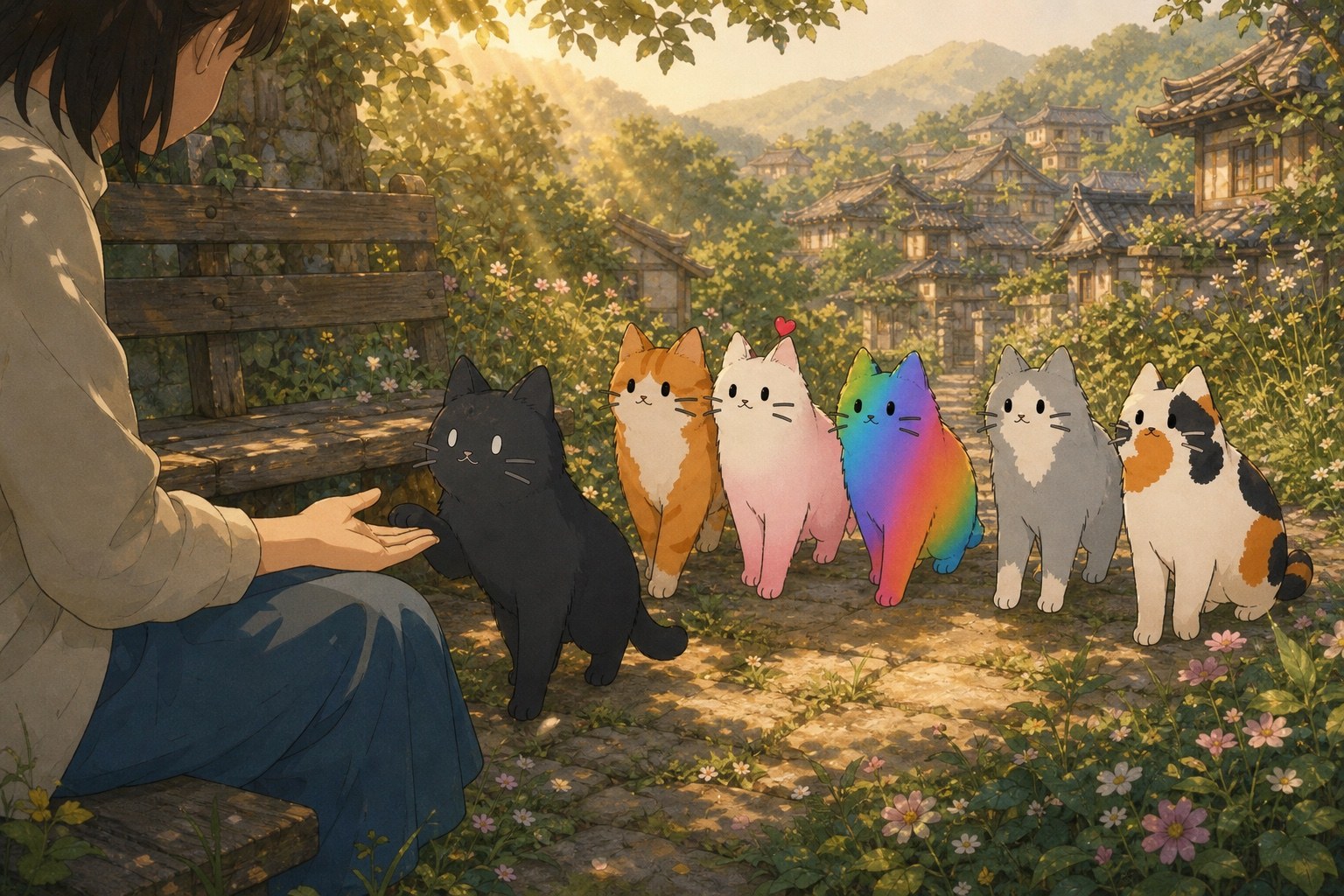 Six Kotoro Village cats approaching a new friend on a sunlit path