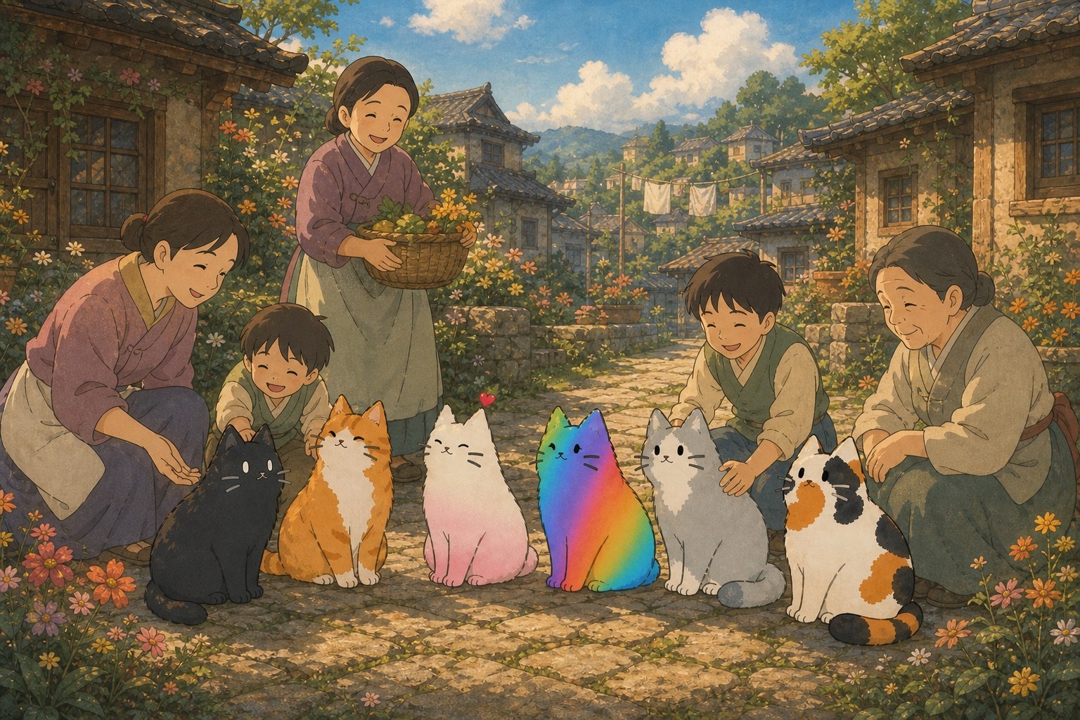 Six Kotoro Village cats spending a sunny day with the villagers